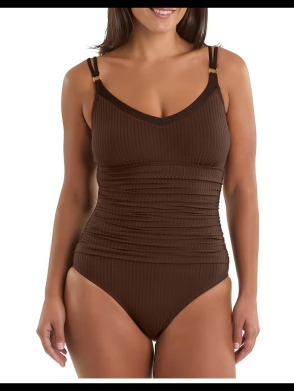 EllenTracy Women's OnePiece Swimsuit Size L Brown Ribbed Solid Lined Stretch New